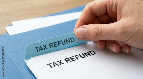 Hand lifting tab with tax refund text on folder, financial document with refund label, close up of fingers holding paper tab, concept of money return and tax paperwork