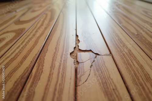 Detailed Close-Up of Scratched Laminate Floor Showing Worn and Distressed Wood Pattern with Visible Damage