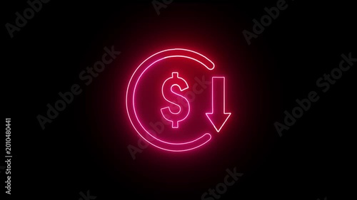 Abstract neon glowing decrease icon on black background. Dollar rate up to down looped icon. Reduce costs sign and symbol