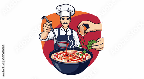 Chef garnishes a hearty soup with fresh herbs and citrus