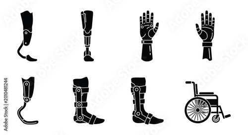 Bild auf Leinwand Prosthetic limbs and wheelchair silhouettes on a white background