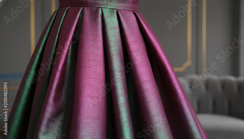 Iridescent shot silk taffeta fabric texture shifting from magenta to green