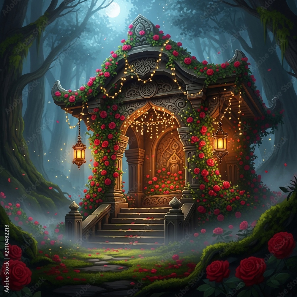 Obraz premium Enchanted Forest Fairy House with Glowing Lights and Roses.