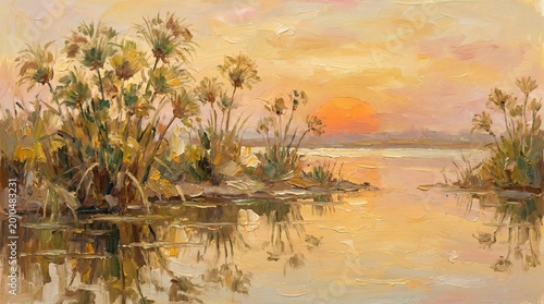 Impressionist oil painting of a sunset over the Nile river with papyrus plants and golden water reflections