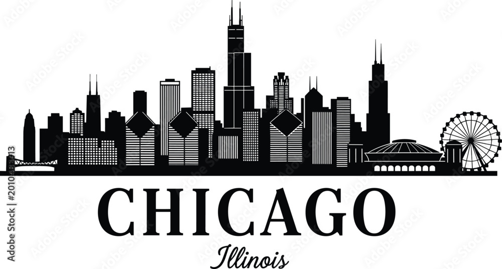 Fototapeta premium Chicago Illinois skyline black silhouette vector illustration featuring famous skyscrapers and navy pier ferris wheel isolated on a white background.