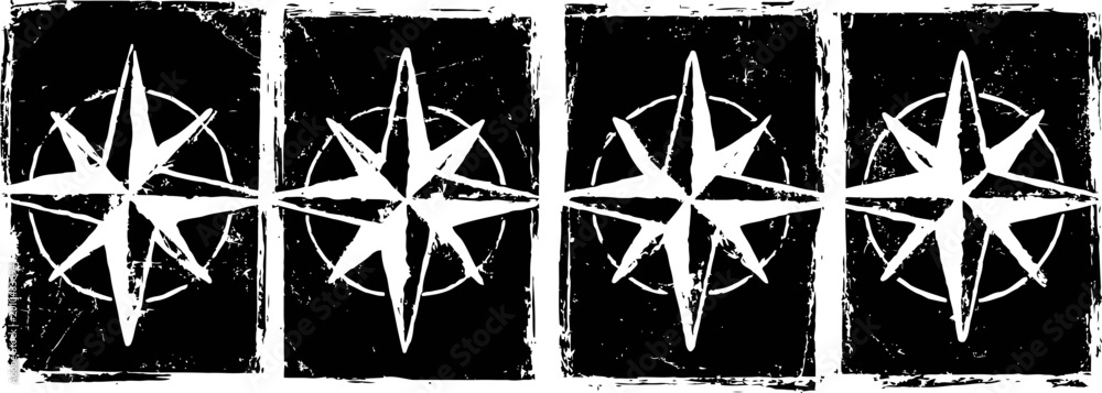 Fototapeta premium Grunge compass rose set nautical star symbols with distressed texture four directions icons