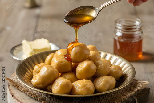 Golden honey being drizzled from a spoon over a plate of small fried dough