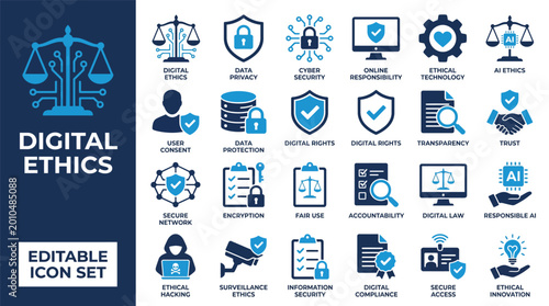 Schilderij op canvas Digital ethics and AI governance icon set