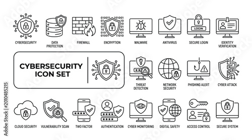 Fotografia Cybersecurity line icon set for data protection, network security, digital safety, and access control