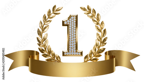 Fotografi Golden number one with diamonds laurel wreath and ribbon, isolated on transparen