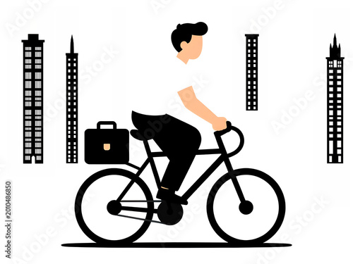  Bike to Work Day. Young male worker rides the bike to work 