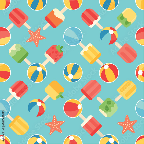 Colorful summer pattern featuring ice pops, beach balls, and starfish on a light blue background