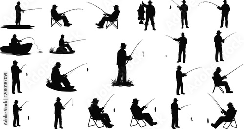 Foto Fisherman silhouette collection featuring anglers with fishing rods catching fish in boats sitting on chairs and standing isolated on white