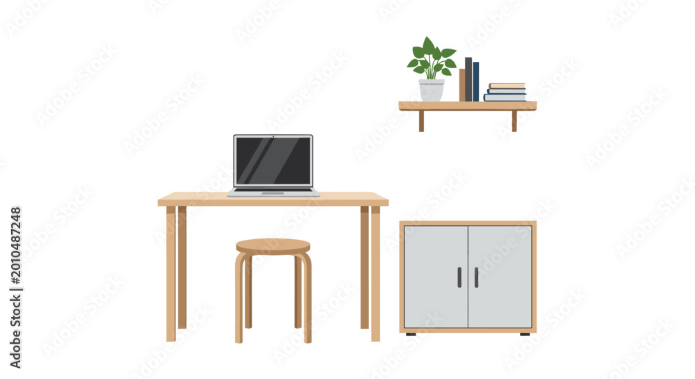 Fototapeta premium Minimalist home office workspace features a wooden desk with laptop, matching stool, small storage cabinet, and a wall-mounted shelf.