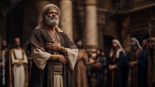 Biblical story, Nehemiah stands before the throne with humble courage, his request for Jerusalem’s restoration spoken with reverence as the watching court witnesses a moment of bold faith.
