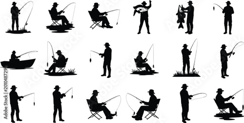 Cuadro en lienzo Fisherman fishing silhouettes collection with anglers holding rods catching fish in boats sitting on chairs and standing isolated on white