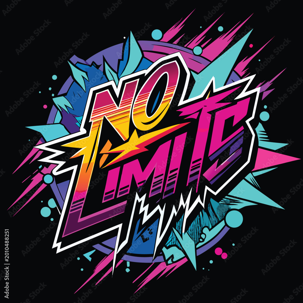 Fototapeta premium text in vibrant 80s synthwave style with geometric explosions.