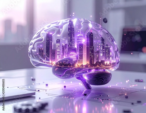 Futuristic Brain With Cityscape Inside Illuminated by Purple Neon Lights Representing AI And Smart City Technology