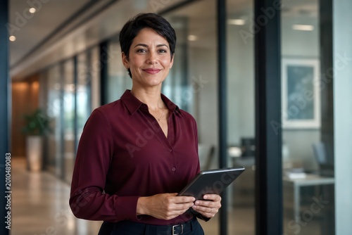 Confident businesswoman in a modern office hallway, holding a digital tablet. Professional female executive, smiling and looking at the camera, representing leadership and success in corporate