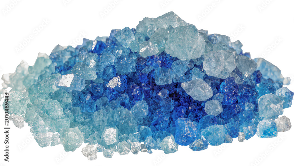 Fototapeta premium Pile of blue and aqua colored rock salt crystals, isolated on transparent background
