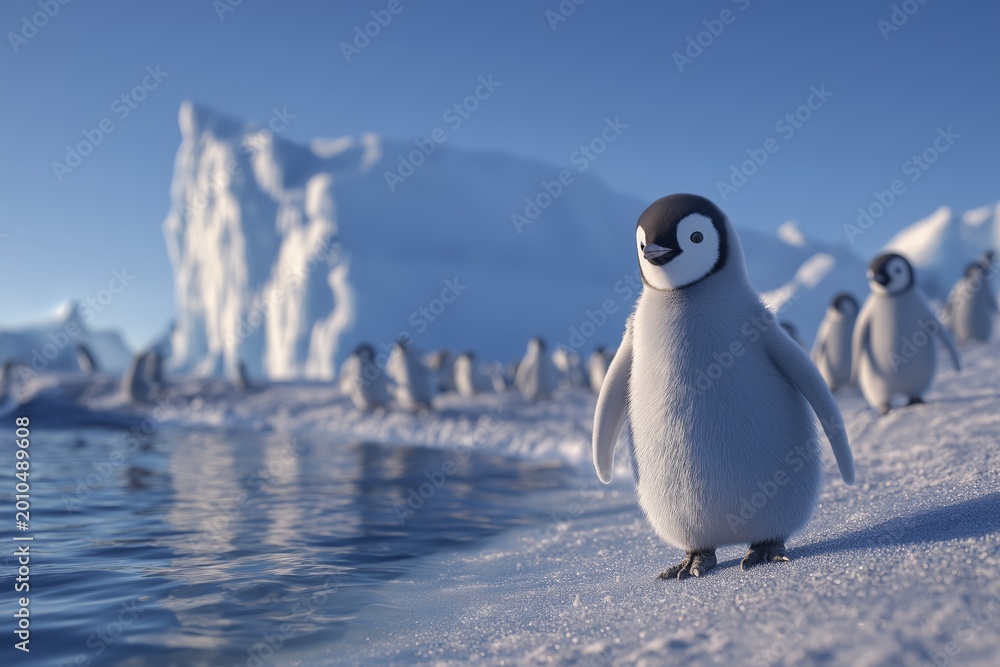 Obraz premium Wide photorealistic view of a penguin colony gathered along a massive iceberg by the ocean shoreline, bright winter sunlight, penguins walking, swimming, and interacting naturally.