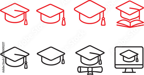 Tableau sur toile Education graduation cap icons set with diploma and computer monitor variations in black and red outline design theme