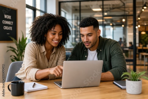 Diverse business colleagues collaborating on a laptop in a modern office, young professionals discussing project ideas, creative teamwork and digital strategy, inclusive workplace environment.