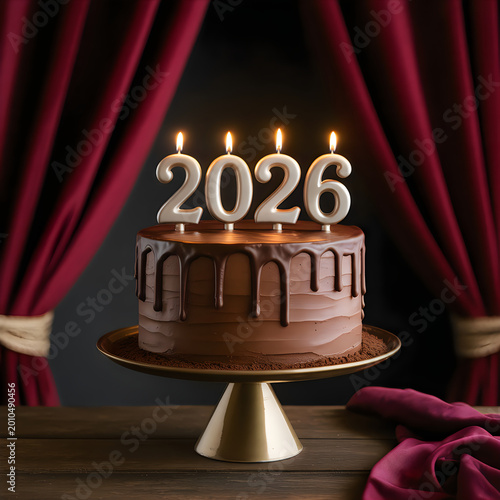 Delicious chocolate drip cake with 2026 candles for a festive new year party