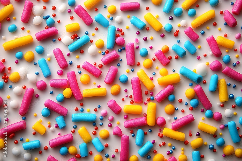 Fototapeta premium An overhead arrangement of colorful elongated and spherical candy sprinkles on a clean white surface