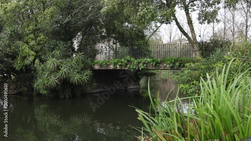Stone bridge over a stream in Dom Carlos I Park, Portugal