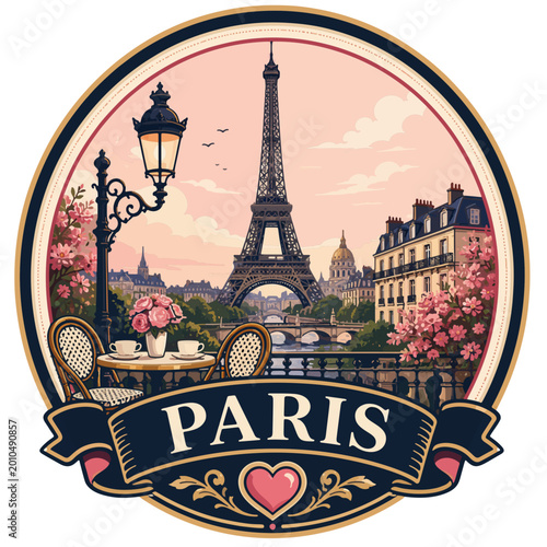 Romantic travel badge vector for Paris with tower silhouette, cafe table, street lamp and clean circular emblem design.