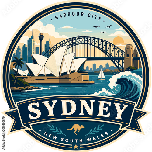 Coastal travel badge vector for Sydney featuring opera house inspired sails, bridge, wave and clean emblem design.