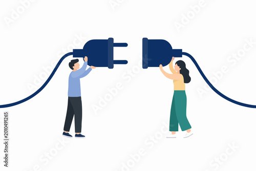 People connecting large electrical plug and socket for partnership concept together.