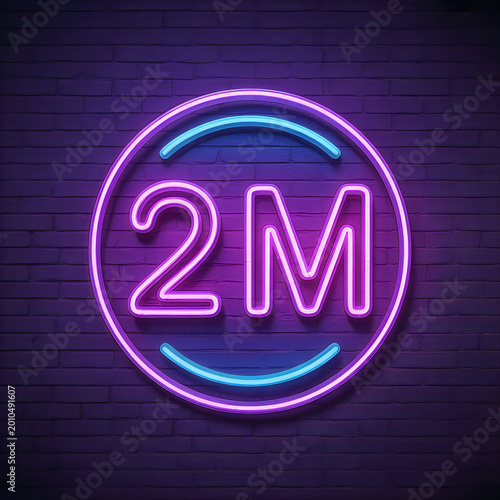 Bright purple neon sign with 2M text on a dark brick wall for social media