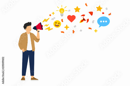 Person holding megaphone with floating icons representing marketing and communication.