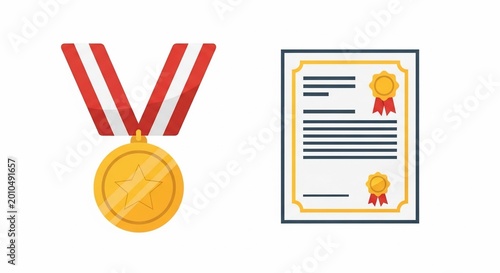 Gold Medal and Certificate of Achievement Icon Set.