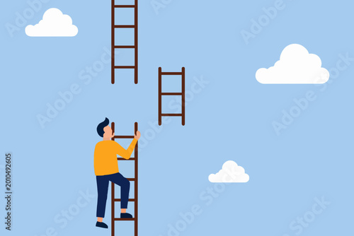 Business person climbing wooden ladder to reach higher success in blue sky setting.