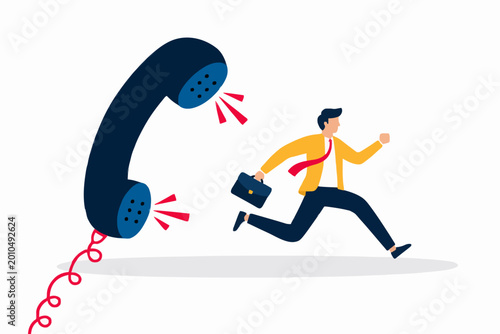 Bild auf Leinwand Business man running away from an urgent loud ringing telephone in office setting