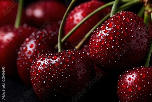 Fresh red cherries showing water drops on dark background