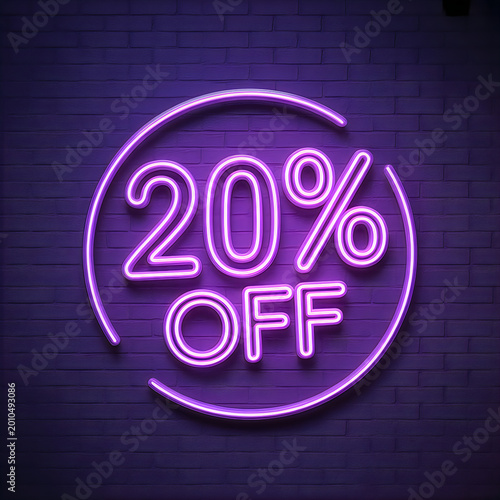 Vibrant purple neon sign with 20 percent off text on a dark brick wall display