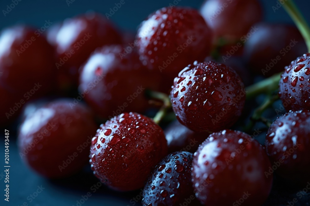 Obraz premium Fresh red grapes with water drops macro