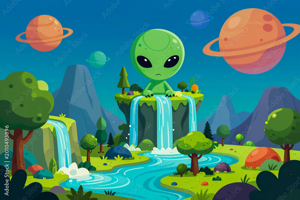 Fototapeta premium Whimsical alien landscape with cute green extraterrestrial character sitting near waterfall under colorful planets