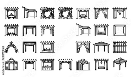 Vászonkép Modern pergola outline icons in circular layout outdoor living structures editab