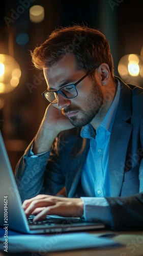 Man with glasses focuses on laptop at night. He rests hand on chin, eyes fixed on screen. Soft lights glow behind him, creating depth. Professional attire suggests serious work