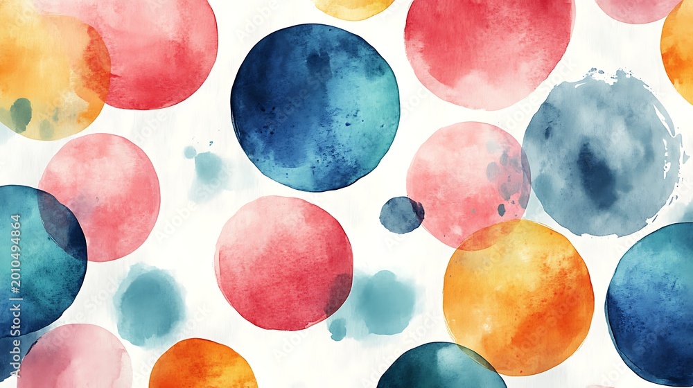 © Mahmud Creative - Organic watercolor painted circles in deep red, blue, orange, and teal tones with visible brushstrokes and splatters