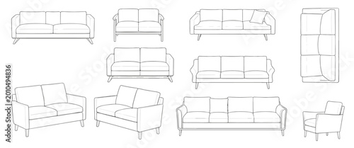 Collection of line of sofas and armchairs in various views furniture line outline interior blueprint
