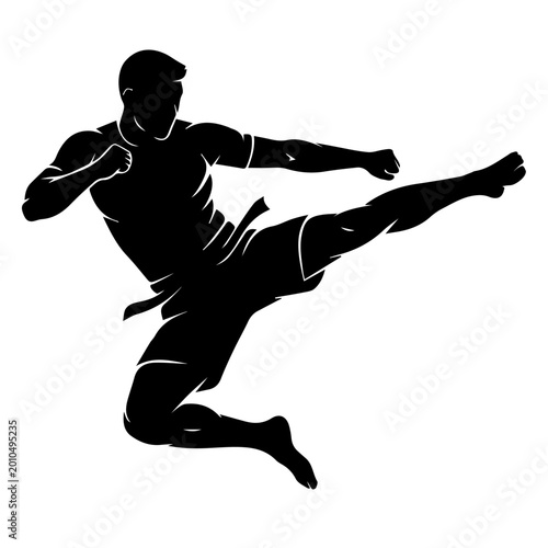 Quadro em tela Silhouette of a male martial artist performing a high kick with martial arts kun