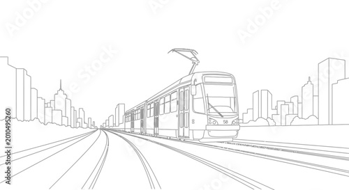 Modern tram on tracks with city skyline line art