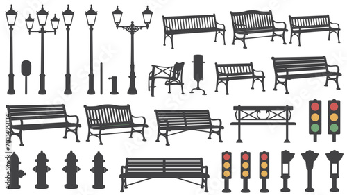 Collection of black silhouette street furniture and traffic signals street lamp lamppost bench park bench