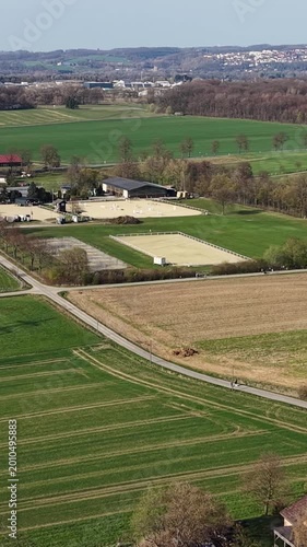 Aerial view of countryside farm landscape and paddocks